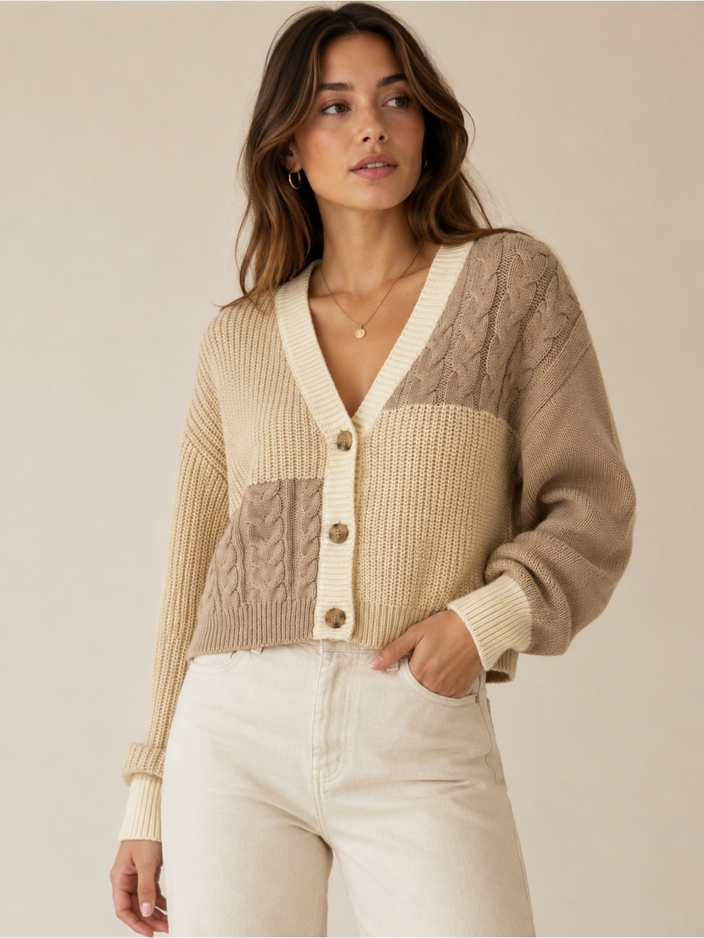Love Tree Two-Tone Cable Knit Cropped Cardigan – Size Medium